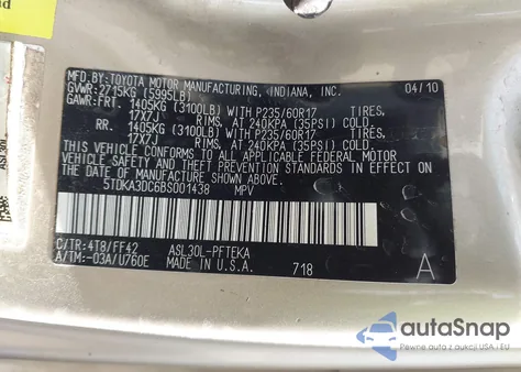 2011 Toyota Sienna z USA, uszkodzony, nr VIN 5TDKA3DC6BS001438